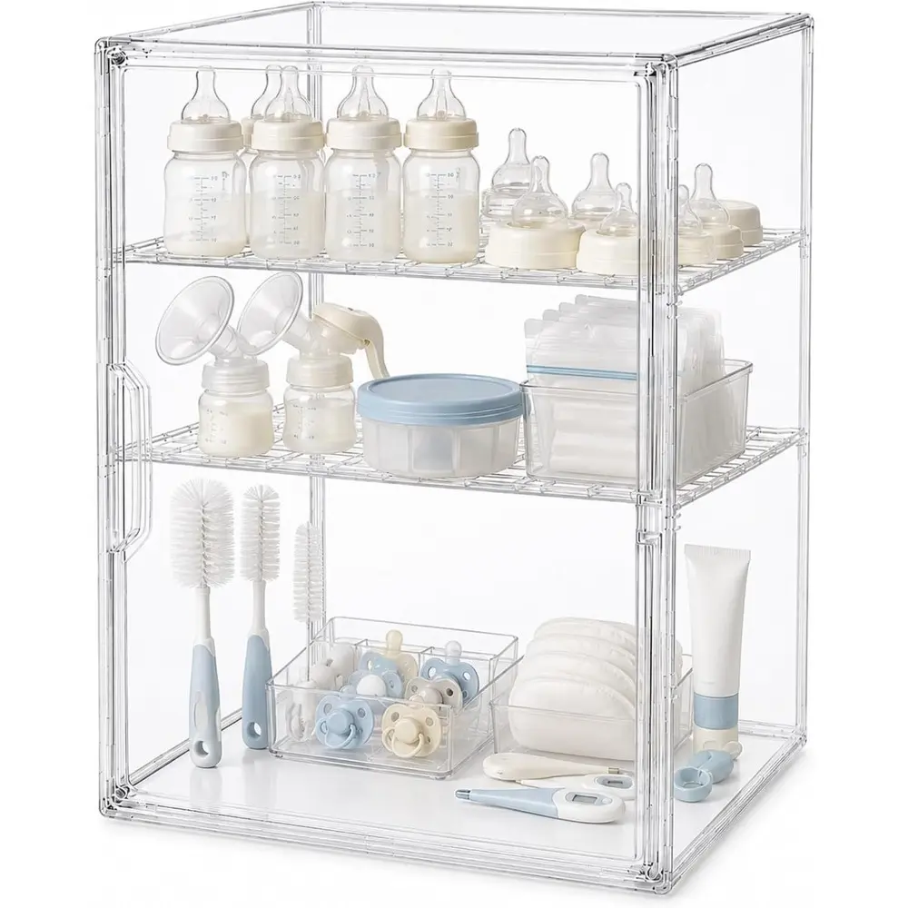 Baby Bottle Organizer – 3 Tier Bottle Storage Organizer Baby for Nipples, Pump Parts, Food Jars – Clear Acrylic Bottle Station Organizer for Countertop and Kitchen, Gifts for New Mom