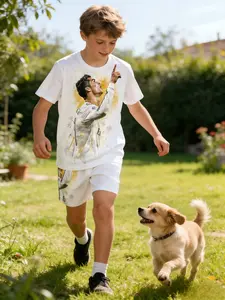 Boys Summer Football Faith Set Cronaldo Real Madrid Classic Design, Comfortable Casual Sports Two-Piece, All over Print Track Shorts