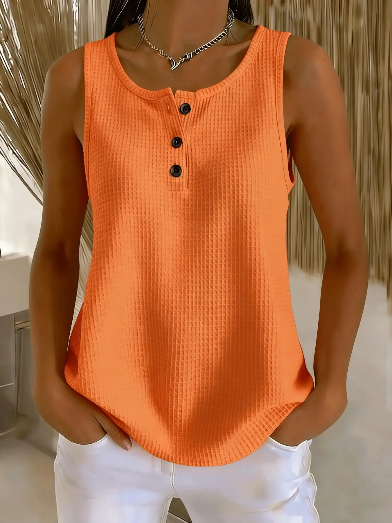 Plus Size Women's Waffle-Knit Stretch Tank Top, Stretchy Summer Sleeveless Henley Neck Loose-Fit Casual Cami, Boho Print