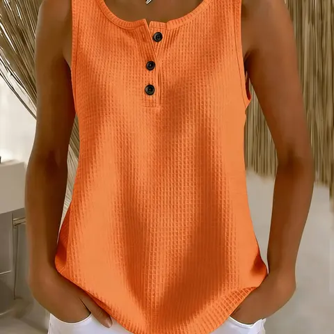 Plus Size Women's Waffle-Knit Stretch Tank Top, Stretchy Summer Sleeveless Henley Neck Loose-Fit Casual Cami, Boho Print, Sleeveless Casual Clothes