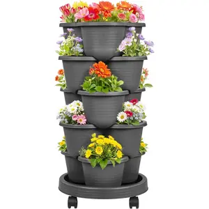 VECELO 5 Tier Vertical Garden Planter, Self Watering Stackable Planters with Wheels for Strawberries, Herbs, Flowers, Vegetables, Dark Gray