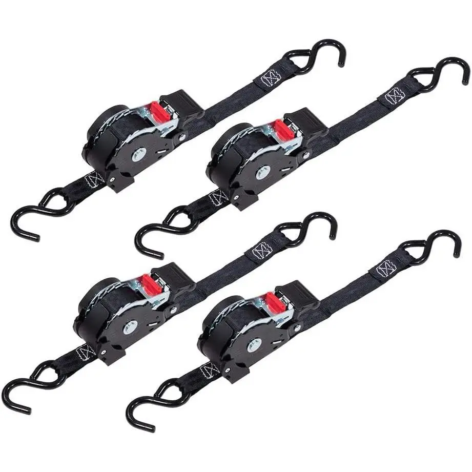 4 Auto-Retract No-Ratcheting Tie-Down Straps, 1" x 12' with Coated S-Hooks, for Motorcycle, ATV, Pickup Trailer Cargo Securing