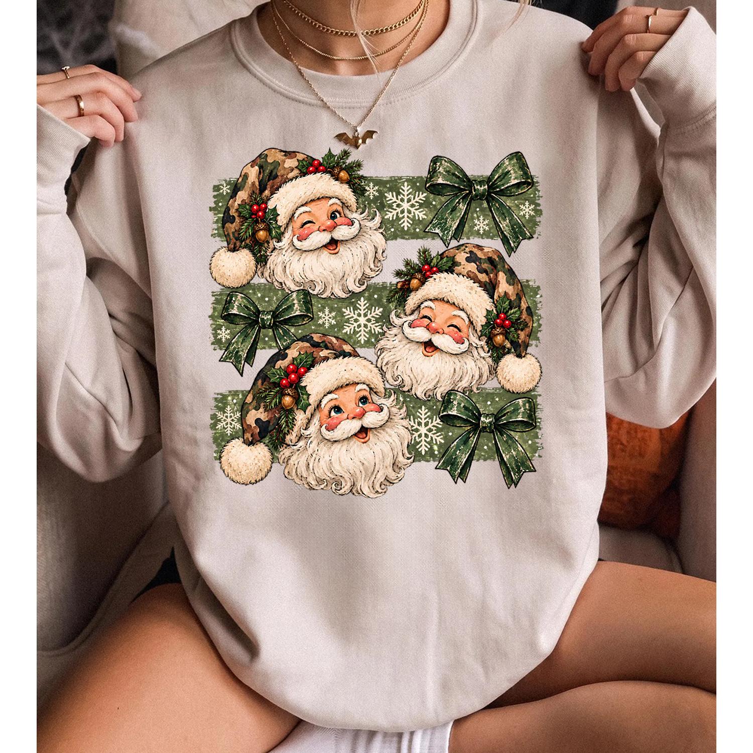 Christmas Camo Santa Faces Sweatshirt, Woodland Camouflage Santa Graphic Crewneck, Vintage Hunting Christmas Sweatshirt for Men Women, Holiday Hunter Gift