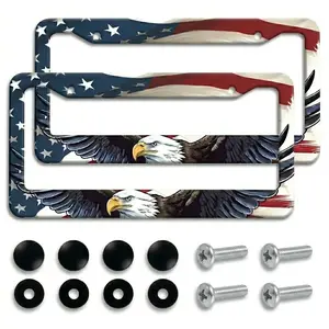 2-Pack American Flag License Plate Frames - Patriotic Eagle & Stripe Design | Universal Fit Matte Aluminum w/ Gloss Finish | Includes Screws & Caps Truck Car Vehicle