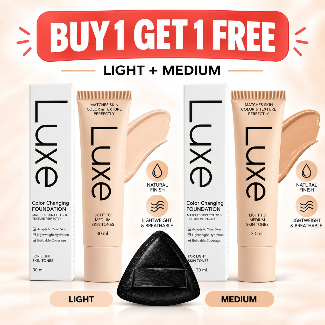 Color Changing Foundation, 2 Pack Foundation Set, Light Medium Foundation, Tone-Adapting Makeup, Skin Tone Matching Foundation, Liquid Face Makeup, Makeup Puff Set, Lightweight Foundation, Natural Dewy Finish, Daily Makeup