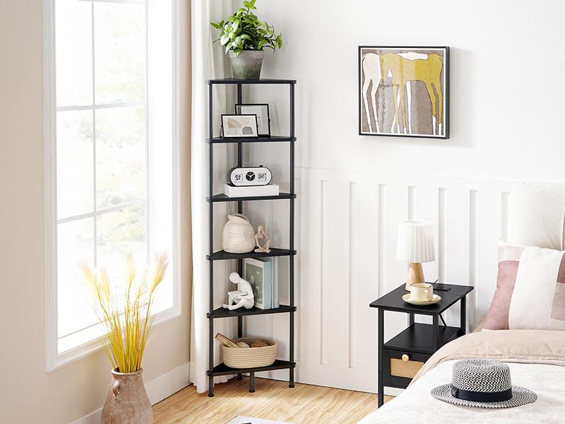 HOOBRO Corner Shelf Stand, Industrial 6-Tier Corner Bookshelf with Metal Frame, Bookcase, Plant Display Stand for Small Spaces, Living Room, Black HOOBRO Corner Shelf Stand, Industrial 6-Tier Corner Bookshelf with Metal Frame, Bookcase, Plant Display Stand for Small Spaces, Living Room, Black
