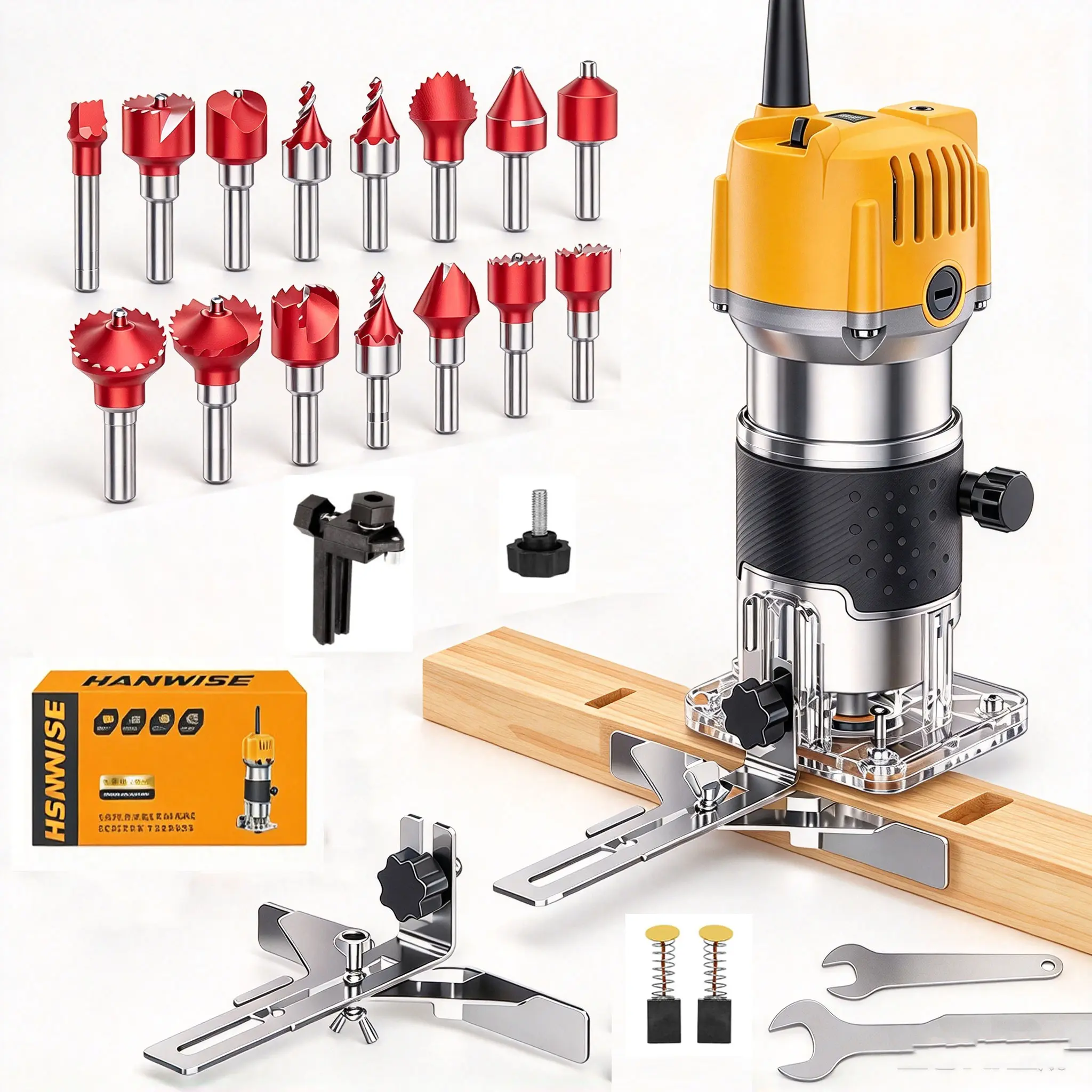 HI HANWISE Electric Palm Wood Trimmer Kit - 6-Speed Adjust Compact Hand Tool, 15Pcs Bits, Router Wrench & Full Accessories for Woodworking Slotting, DIY Carpentry