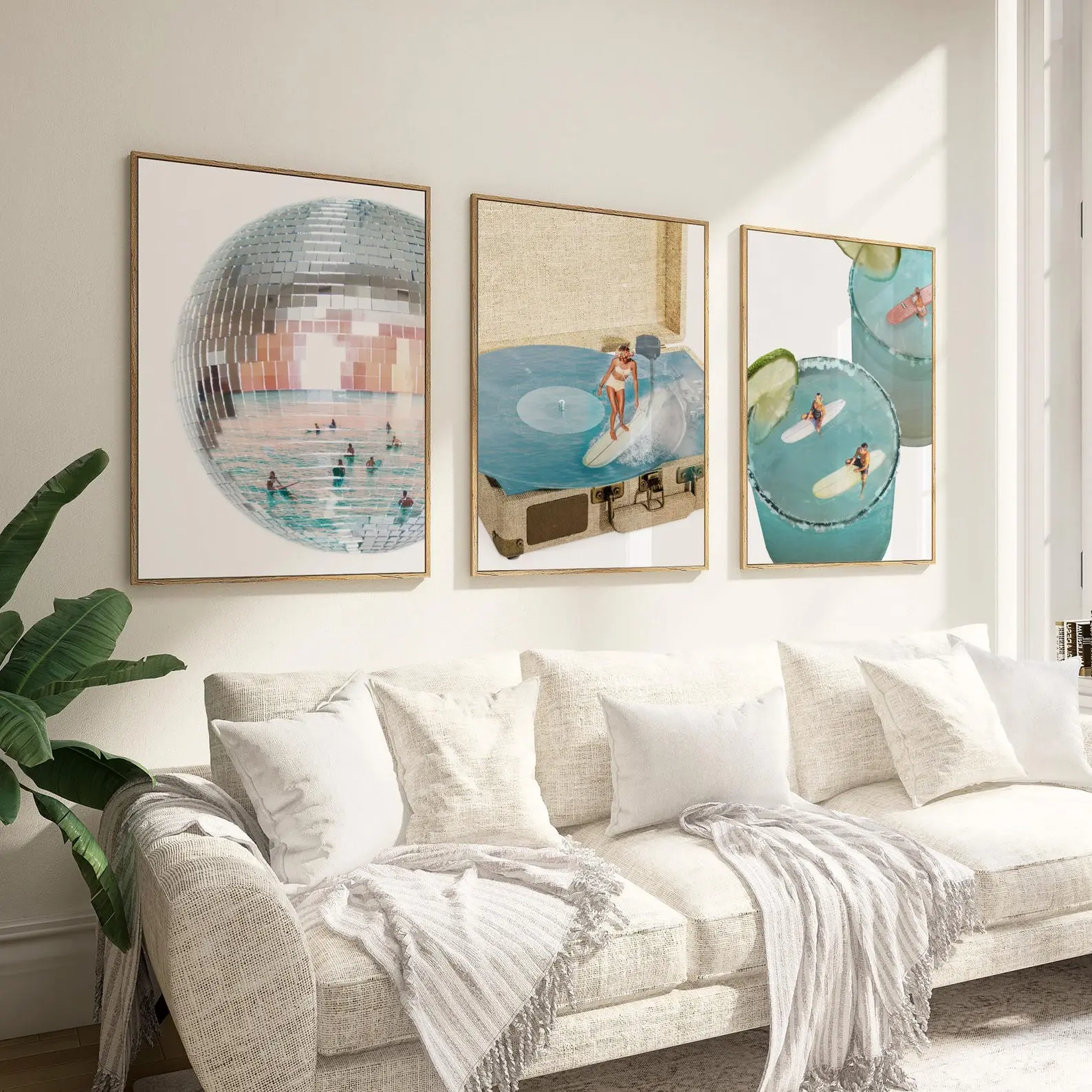 Coastal Groove Blue / Set of 3 Printable Wall Art / disco beach surf print retro summer trendy coastal aesthetic beach funky collage