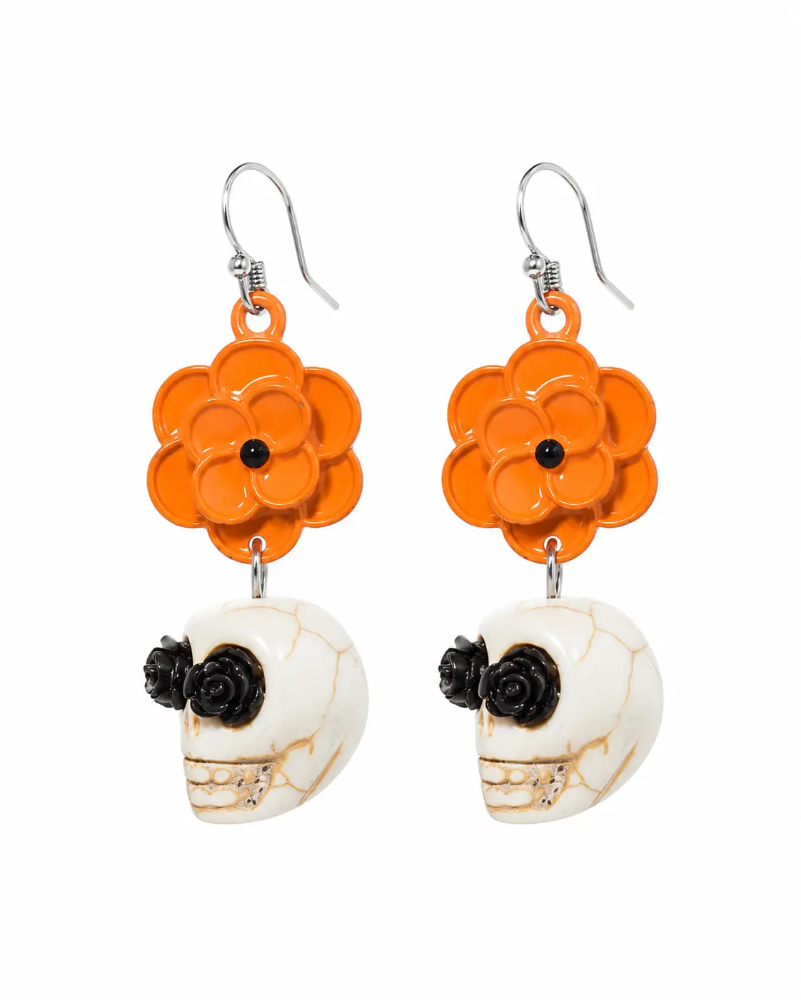 Marigold-Themed Mourning Skull Costume Earrings, Fashion Accessory for Gothic Style Enthusiasts