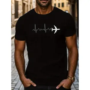 Men's Regular Fit Short Sleeve Crew Neck T-Shirt, Breathable Cotton Fabric, Airplane & Electrocardiogram Graphic Tee for Aviation Lovers, Breathable Fabric