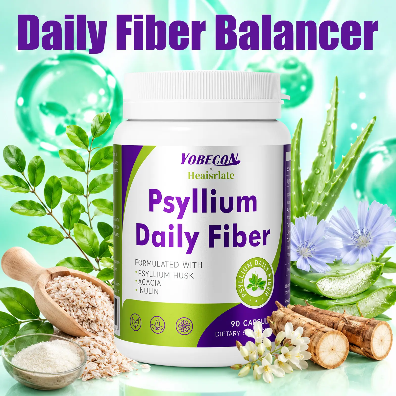 Plant-Based Daily Fiber Supplement with Psyllium Husk, Inulin, Aloe Vera, Acacia Gum & Herbal Extracts – Supports Digestive Comfort & Gentle Regularity for Men & Women, 2 Capsules per Serving