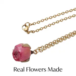 Real Pink Rose Bud Flower Necklace, Handmade Resin Preserved Flower Pendant, Unique Handmade Nature Jewelry for Women, Eternal Pressed Flower Charm, Artisan Aesthetic Accessories, Bridal Party Mother’s Day Birthday Gift