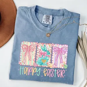 Comfort Colors Happy Easter TShirt, Easter Bunny Tee, Youth Easter T-Shirt, Preppy Coquette Easter Tshirt - TrendWear USA