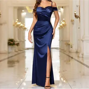 Women's Off Shoulder Sleeveless Satin High Split Wrap Ruched Style Formal Evening Party Maxi Dress Womenswear Spaghetti Strap wedding guest graduation bridesmaid dresses