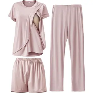 Women's 3-Piece Maternity Nursing Pajamas Set, Casual Soft Crew Neck Breastfeeding Sleepwear, Layered Loungewear, Maternity Clothing, Pregnancy Stuff, Gifts for Women