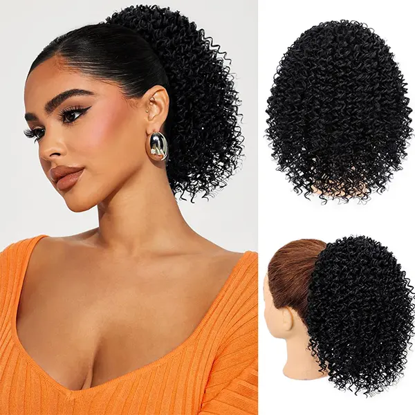 Short Afro Kinky Curly Drawstring Ponytail Extension, Synthetic Hairpieces for Black Women, Messy Bun Hair Piece with Secure Clips, On-the-Go Protective Style for Daily Wear