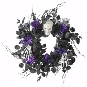 24 in. Halloween Spooky Wreath with Skulls, Roses, Purple Flowers