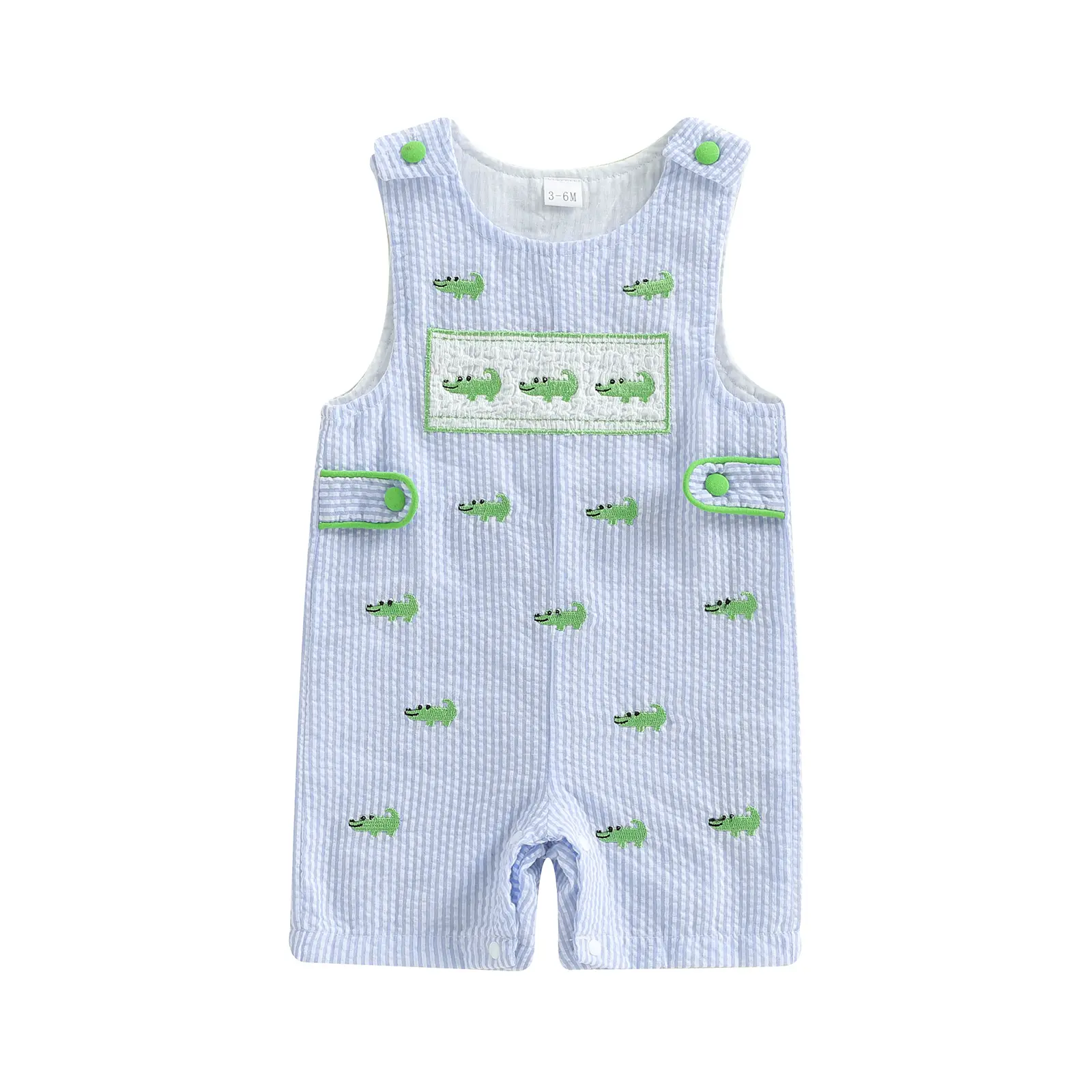 Canrulo Newborn Baby Boys Sleeveless Seersucker Romper  Crocodile Overalls Striped Jumpsuit Summer Smocked Clothes