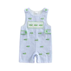 Babamoon Infant Baby Boy Crocodile Embroidery Jumpsuit Button Straps Sleeveless Striped Tank Romper Summer 0-24 Months