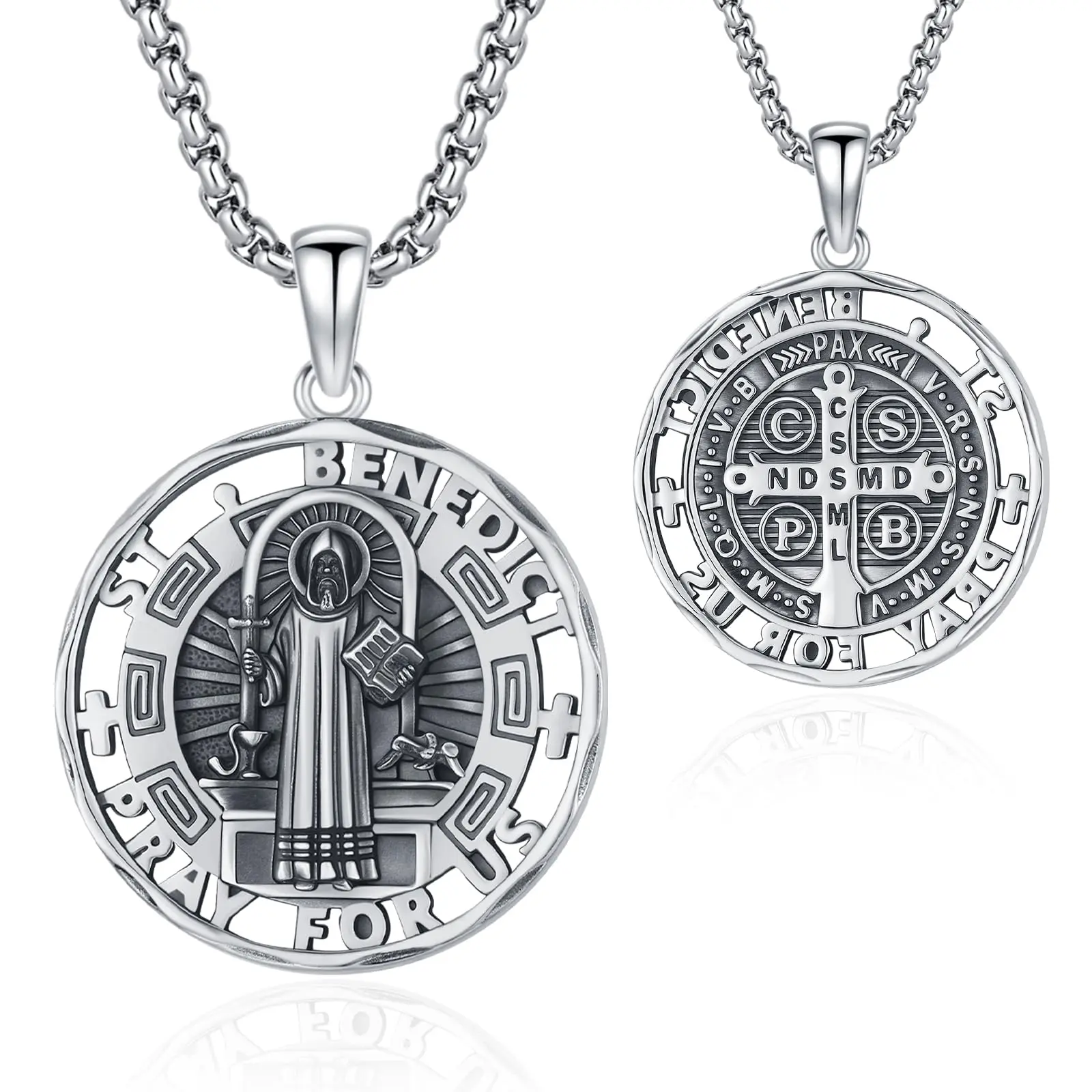 Audinceed Saint Benedict Necklace S925 Sterling Silver, Saint Benedict Protection Pendant, Christian Religious Jewelry, Father's Day Gift, Regalo para Papá