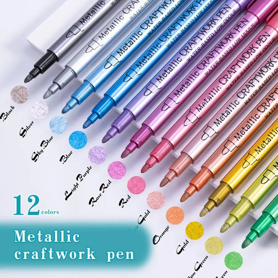 Metallic Craft Pen, 12pcs/set 12 Colors Marker Pen, Art Supplies for Rock Painting, Black Paper, Card Making, Scrapbooking Crafts, DIY Photo Album