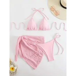 Plain Pinkish Pastel Color Triangle Halter Tie Strap Backless Bikini With Floral Textured Fabric Cover Up 3 Piece Set Swimsuits, Women's Swimwear & Clothing
