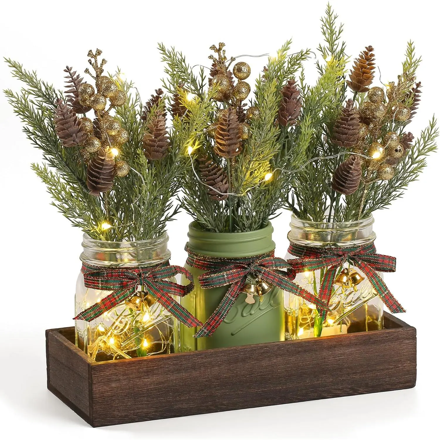 3 Pcs Mason Jar Centerpiece Decorations for Christmas Table Decor Farmhouse Coffee Table Decor Christmas Kitchen and Room Decor,Green