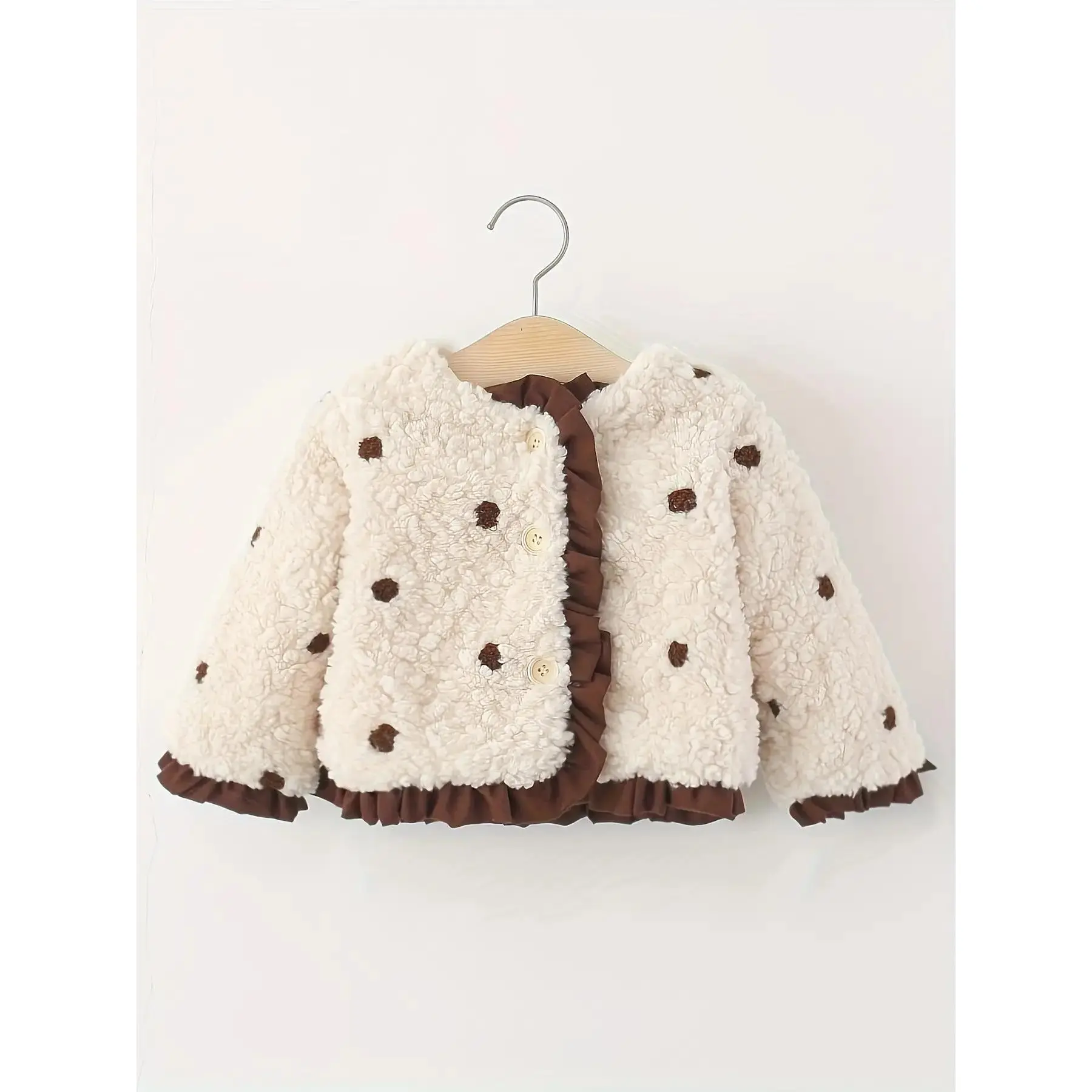 Girls' Winter Coat - Soft Plush Fleece-Lined Long Sleeve Jacket with Button Front, Round Neck & Ruffled Cuffs, Cute Solid Color Warm Outerwear for 0-4 Years, Perfect for Parties & Casual Attire, Winter Coat for Girls, Party Wear, Playful Design, Durable S