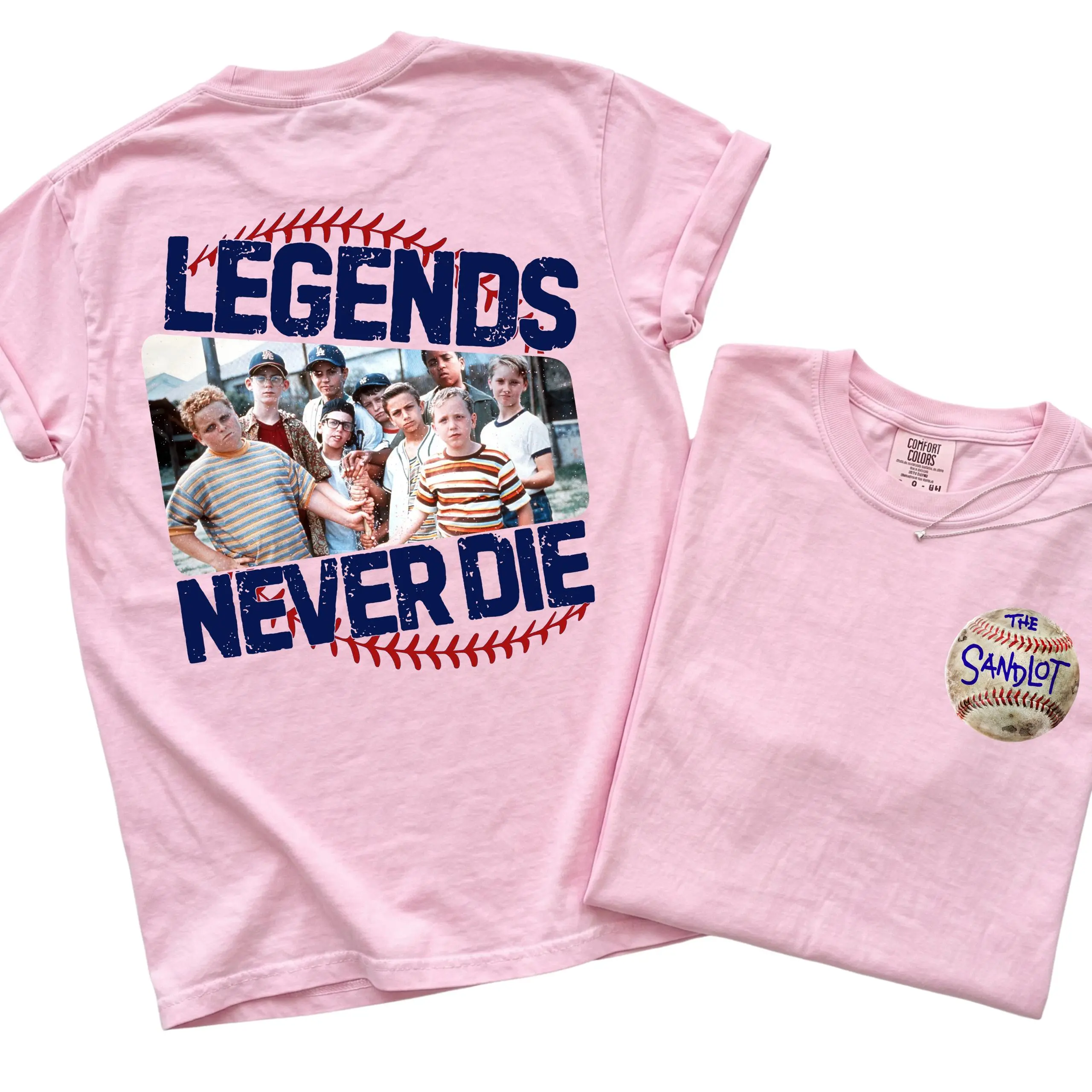Women's Fitted Short-Sleeve Vintage Graphic T-Shirt - 1990s The Sandlot Legends Never Die Squad Retro Baseball Movie Homage Funny Soft Casual Summer Top, Perfect Gift for Baseball Movie Fans, Shortsleeve, Tshirt, Vintage Graphic Tees, Casual Tee Style For