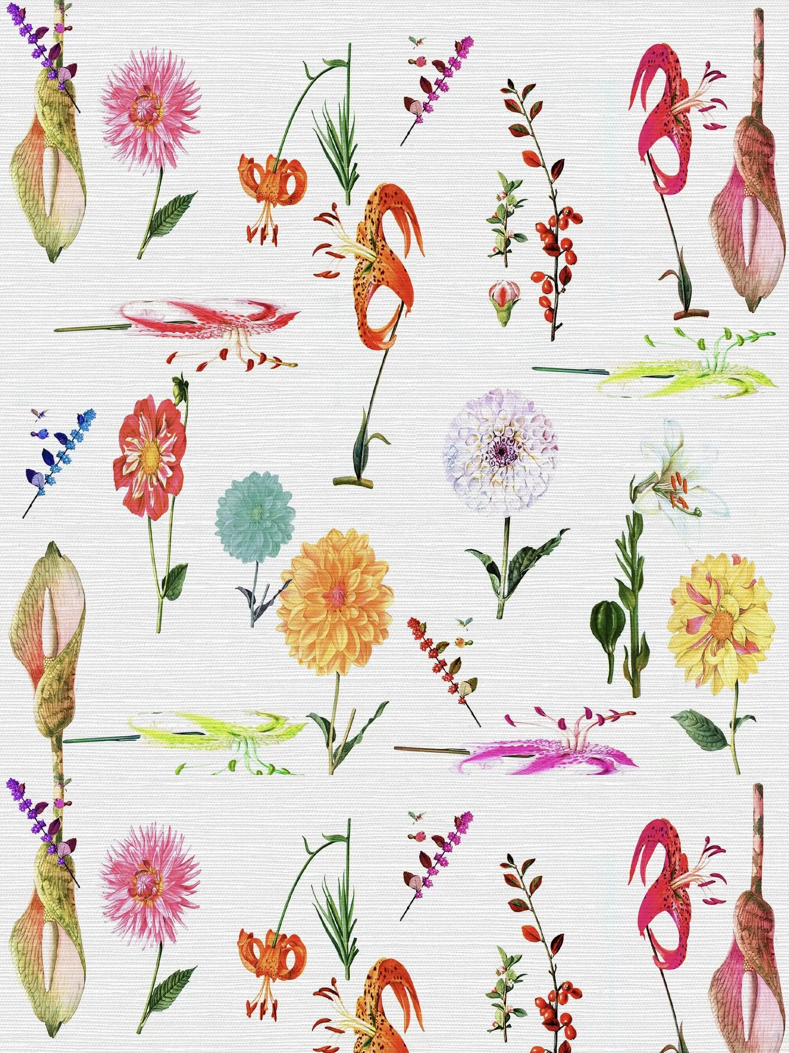 Botanical White Grasscloth Printed Wallpaper