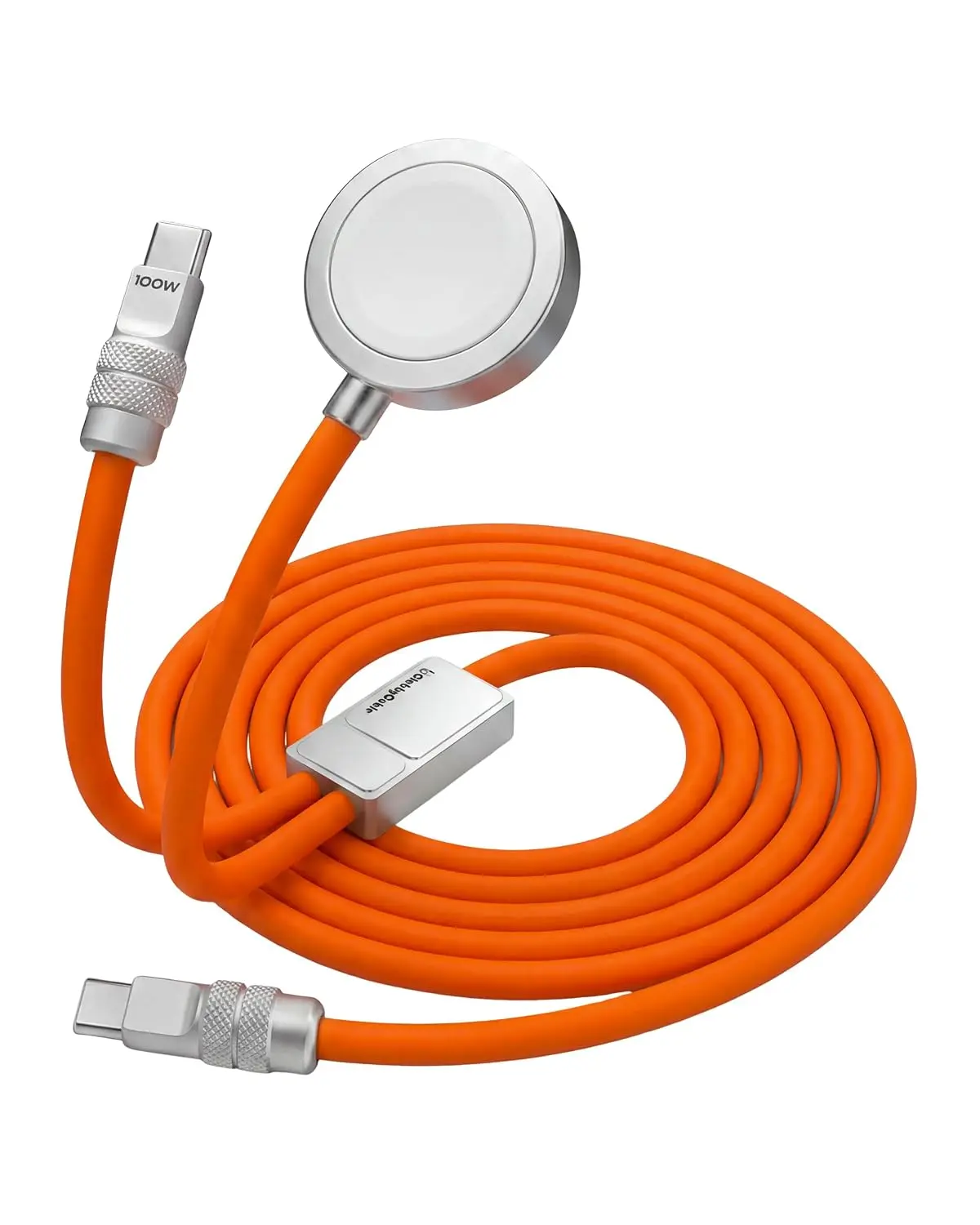 chubbycable Duo-Core Flex 2-in-1 USB C Cable 100W Fast Charging 5W [40Mins 80%] Magnetic Apple Watch Charger 4FT Soft Silicone Compatible with iWatch, iPhone, iPad, MacBook, AirPods, Orange