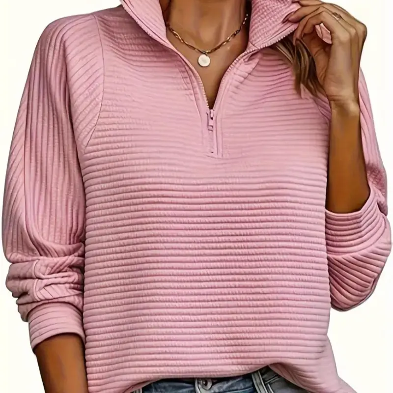Women's Plain Half Zip Polo Sweatshirt With Zipper, Casual Style Long Sleeve Pullover for Spring & Fall, Fashion Women's Top for Daily Wear, Womenswear