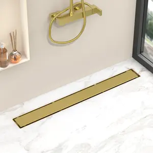 Gold Linear Shower Drain for Bathroom, Shower Drain with Tile Insert Grate, 304 Stainless Steel Rectangle Linear Drain, 2-in-1 Brushed Gold Shower Floor Drain