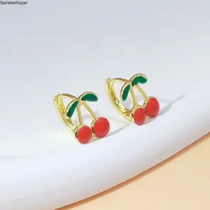 18K Gold Plated Cherry & Strawberry Enamel Hoop Earrings for Women, 3D Stereo Design, Cute Trendy Y2K Aesthetic Jewelry, Lightweight & All-Match for Daily Wear, Dates, Parties & Gift Giving
