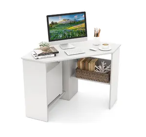 Corner Computer Desk Triangle Writing Workstation with Storage Shelf White