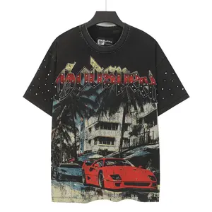 Men’s Oversized Vintage Washed T-Shirt, Miami Street Racing Car Graphic Print, Rhinestone Letter Detail, Gothic Hip Hop Casual Crewneck Top, Black