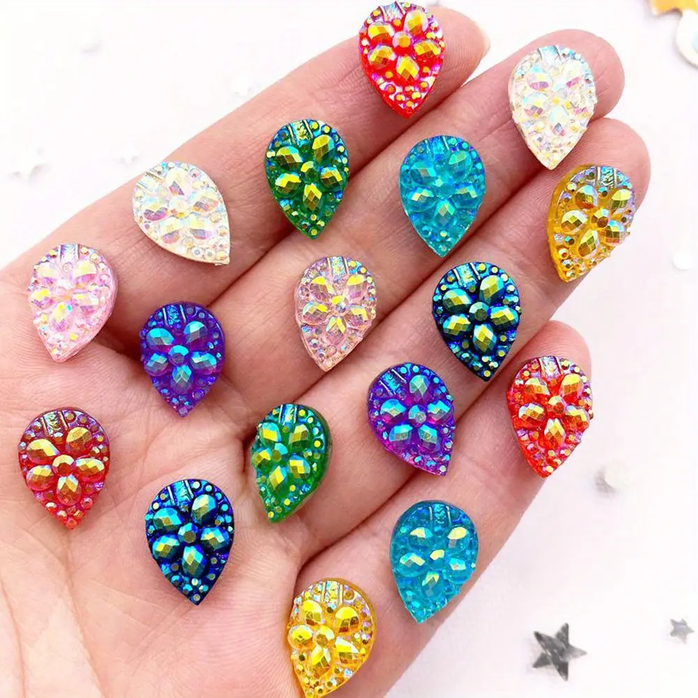 30PCS Mixed 10mm*14mm AB Resin Teardrop Flower Flat back Bling Rhinestone Gemstones Wedding Scrapbook Jewelry Decor Crafts Accessories Flatback Resin Rhinestones