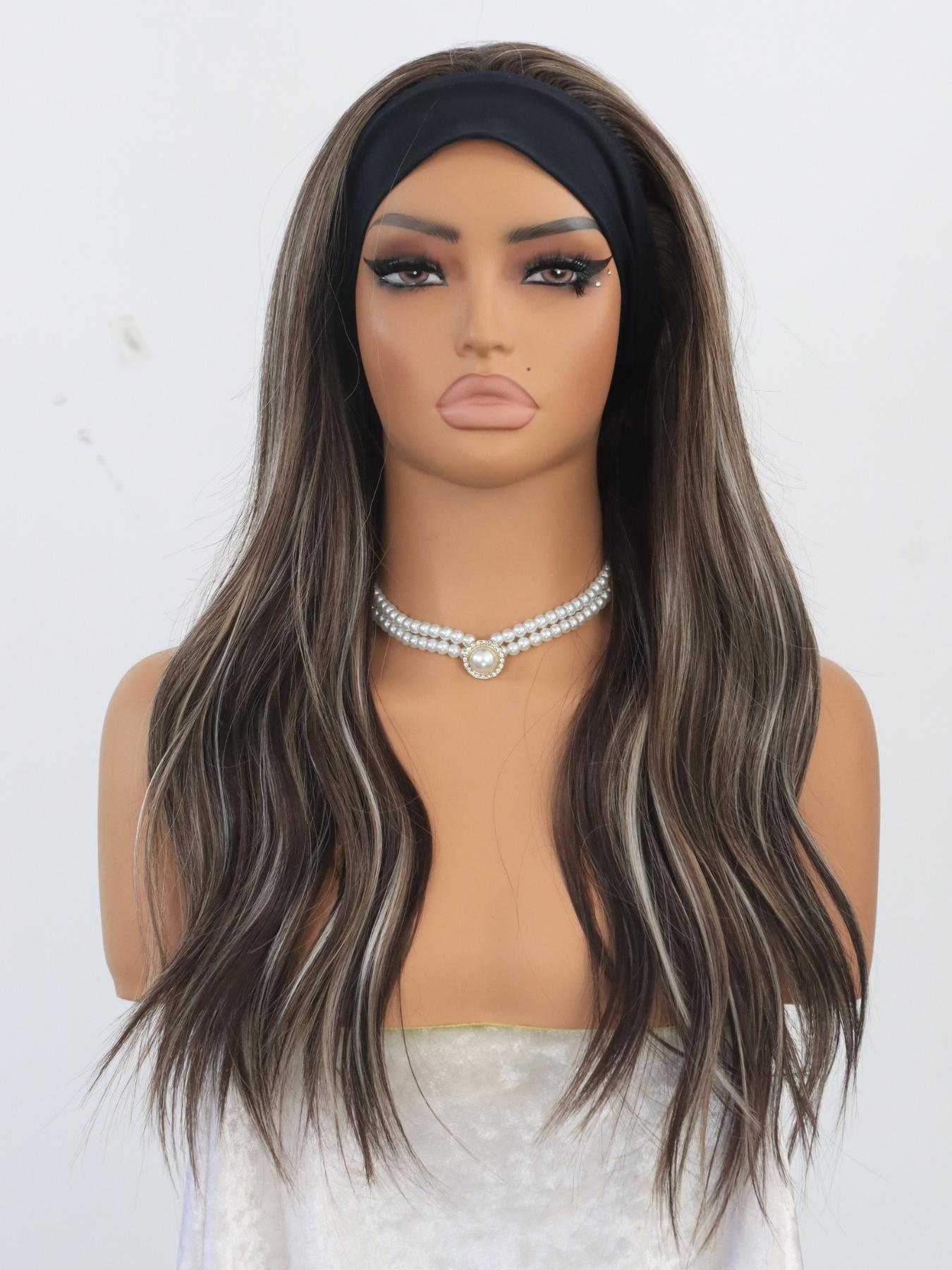 MACA BAKA Skylar Iced Brown Ash Blonde Layered Ombre Highlight Headband Wigs Wear and Go Glueless Low Density 18 Inches Iced Mocha Long Soft Wavy Synthetic Wigs for Women Easy to Wear