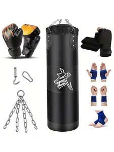 Heavy Punching Bag for Adults Unfilled Boxing Bag Set with Gloves Wraps Chain Ceiling Hook for MMA Kickboxing Karate Muay Thai Taekwondo Premium Quality Oxford Canvas