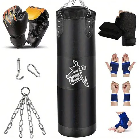 Premium Oxford Canvas Unfilled Heavy Punching Bag Set for Adults - MMA Training, Kickboxing Set, Shock Absorption, Zipper Access, Gloves, Wraps, Chain, Ceiling Mount Hook, Home Gym Equipment, 120Cm, Zip‑Fill Top