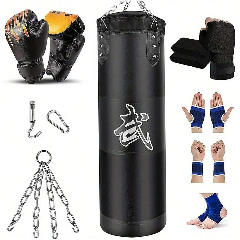 Premium Oxford Canvas Unfilled Heavy Punching Bag Set for Adults - MMA Training, Kickboxing Set, Shock Absorption, Zipper Access, Gloves, Wraps, Chain, Ceiling Mount Hook, Home Gym Equipment, 120Cm, Zip‑Fill Top