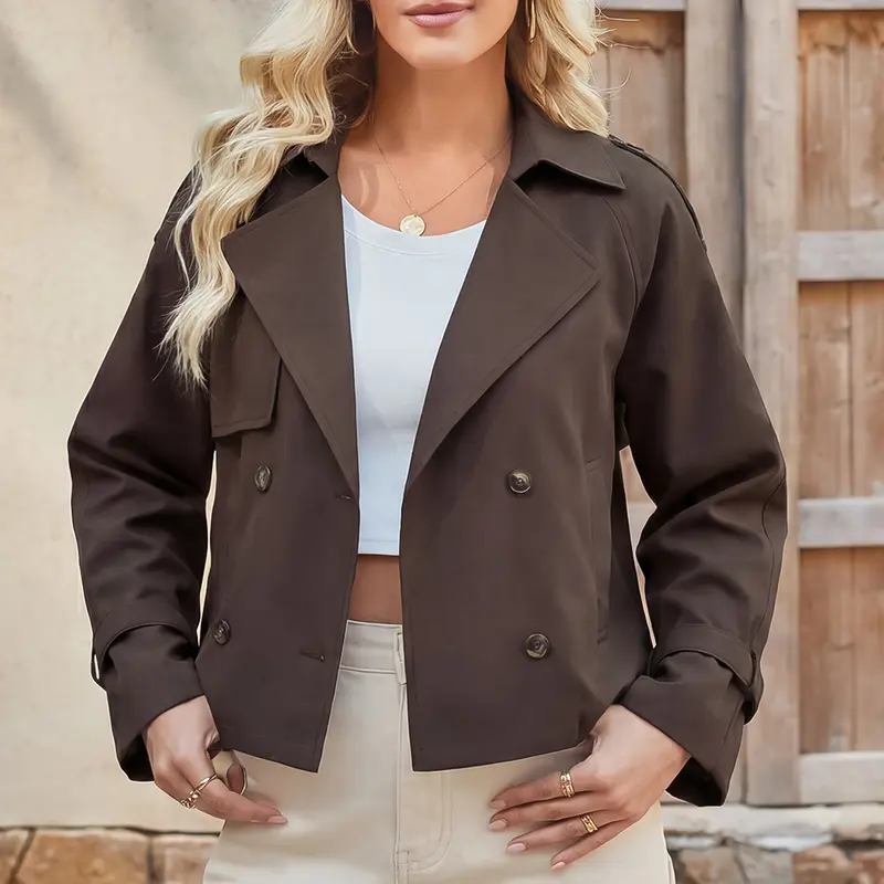 Women's Double Breasted Short Duster Trench Coat Lapel Loose Windproof Cropped Jacket Coat with Pockets