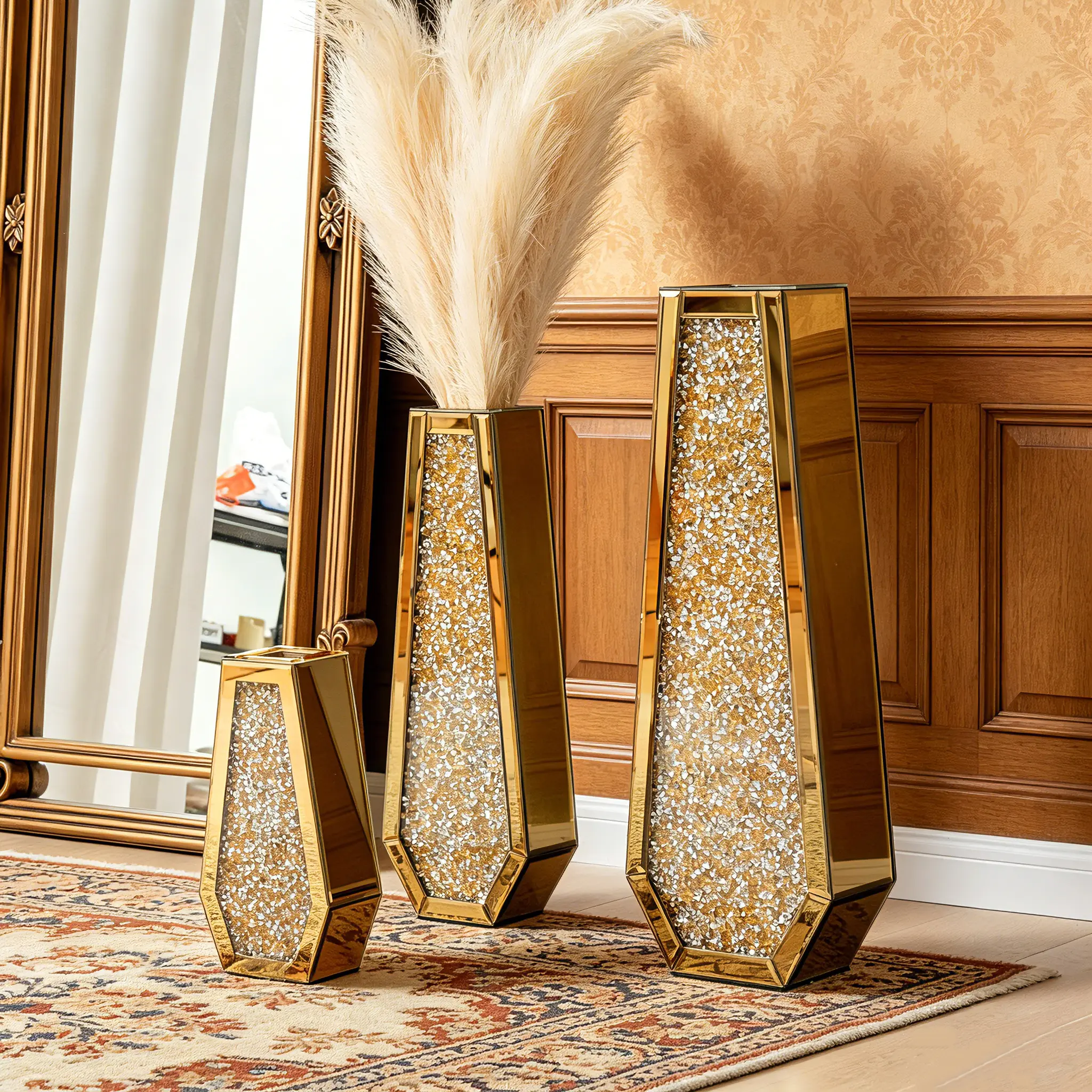 SHYFOY Gold Crushed Diamond Mirror Vase Large Crystal Flower Vases for Centerpieces Luxurious Rhinestone  Vase Home Decor , Can’t Hold Water Ornaments