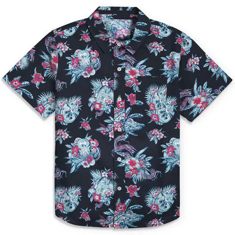 Men's Star Wars A New Hope Cotton Short-Sleeve Button-Down Woven Graphic Shirt - Floral Hawaiian Casual Crew Neck Top, R2-D2/Millennium Falcon Prints, Button-Front, Patch Pocket, Cold Wash, Pull-On Option (Check Size Charts)