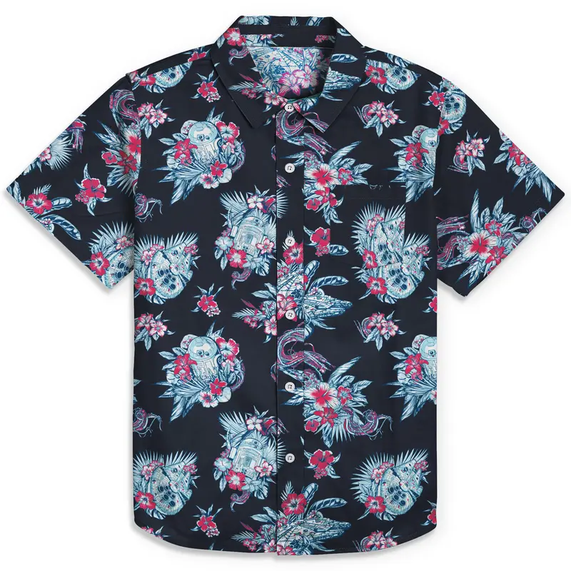 Men's Star Wars A New Hope Cotton Short-Sleeve Button-Down Woven Graphic Shirt - Floral Hawaiian Casual Crew Neck Top, R2-D2/Millennium Falcon Prints, Button-Front, Patch Pocket, Cold Wash, Pull-On Option (Check Size Charts)
