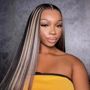 180 Density Highlights Blonde with Natural Black Colored 13x6 Lace Front Human Hair Wigs for Women Straight Wigs