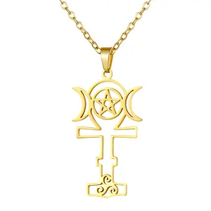 Triple Moon Goddess Necklace: Gold Stainless Steel Ankh Cross Pentagram Pendant Necklaces Wiccan Pagan Protection Jewelry for Women