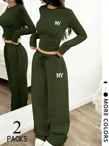 Women's 2-Piece Set, high-stretch breathable fabric with NY print. Slim ruched crop top & drawstring wide-leg sweatpants. Multi colors. American street style for daily, campus & loungewear.