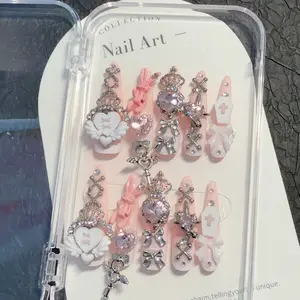 AURÉA Handmade Pink Bunny Crown Press On Nails| Removable Dark Coquette Gothic Nail Art| Long Stiletto Reusable Fake Nails with Crystal & Bow Detailing