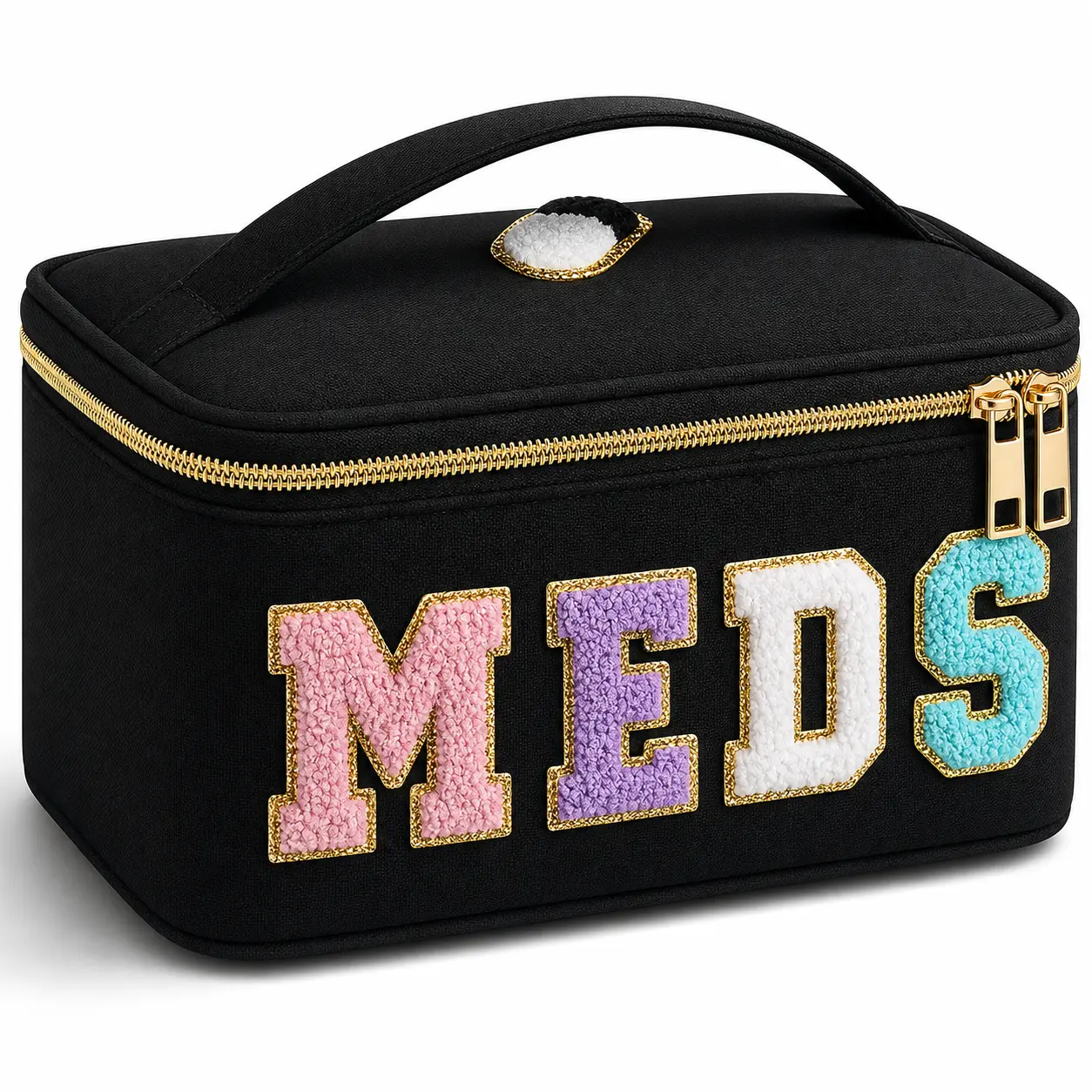 Large Black Chenille Meds Letters Toiletry Bag - Portable Pill Holder, Makeup Travel Organizer, Travel Toiletry Bag for Kitchen Storage (for Women Men), Toiletry Bags, Vibrant